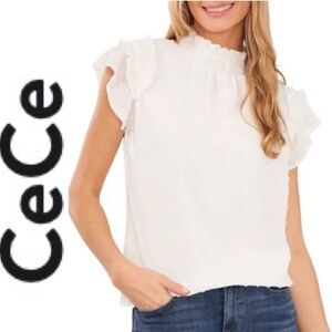 NWOT CeCe Swiss Dot Flutter Sleeve Mock Neck Blouse s white
